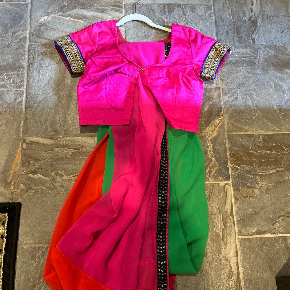 Vibrant Pink and Green Traditional Outfit